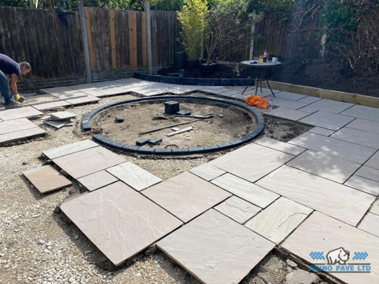 Indian Sandstone Patio with Charcoal Border and Lawn in Chester
