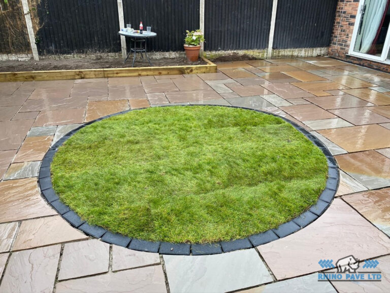 Indian Sandstone Patio with Charcoal Border and Lawn in Chester