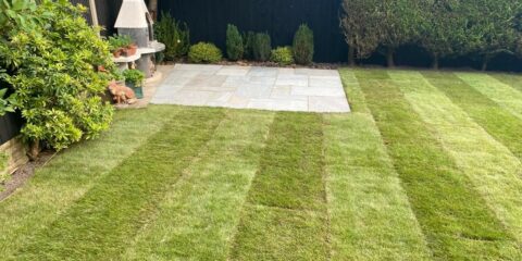 Indian Sandstone Patio with New Turf Lawn in Buckley, Flintshire