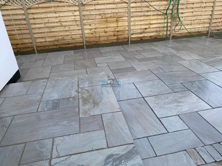 Tiered Indian Sandstone Patio with Cobbled Edging in Chester