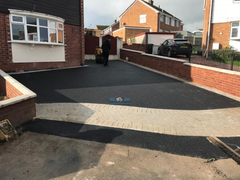 Tarmac Driveway with Natural Grey Apron and New Retaining Wall in Flint, Flintshire