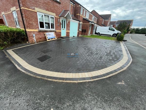Charcoal Block Paved Driveway with Natural White Edging and Doorstep in Flint, Flintshire