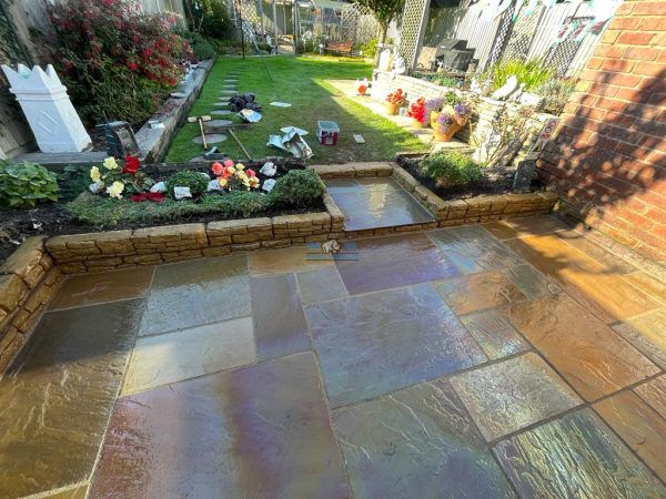 Indian Sandstone Patio with Step and New Dwarf Wall in Mold, Flintshire