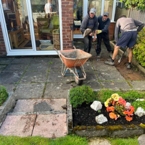 Indian Sandstone Patio with Step and New Dwarf Wall in…